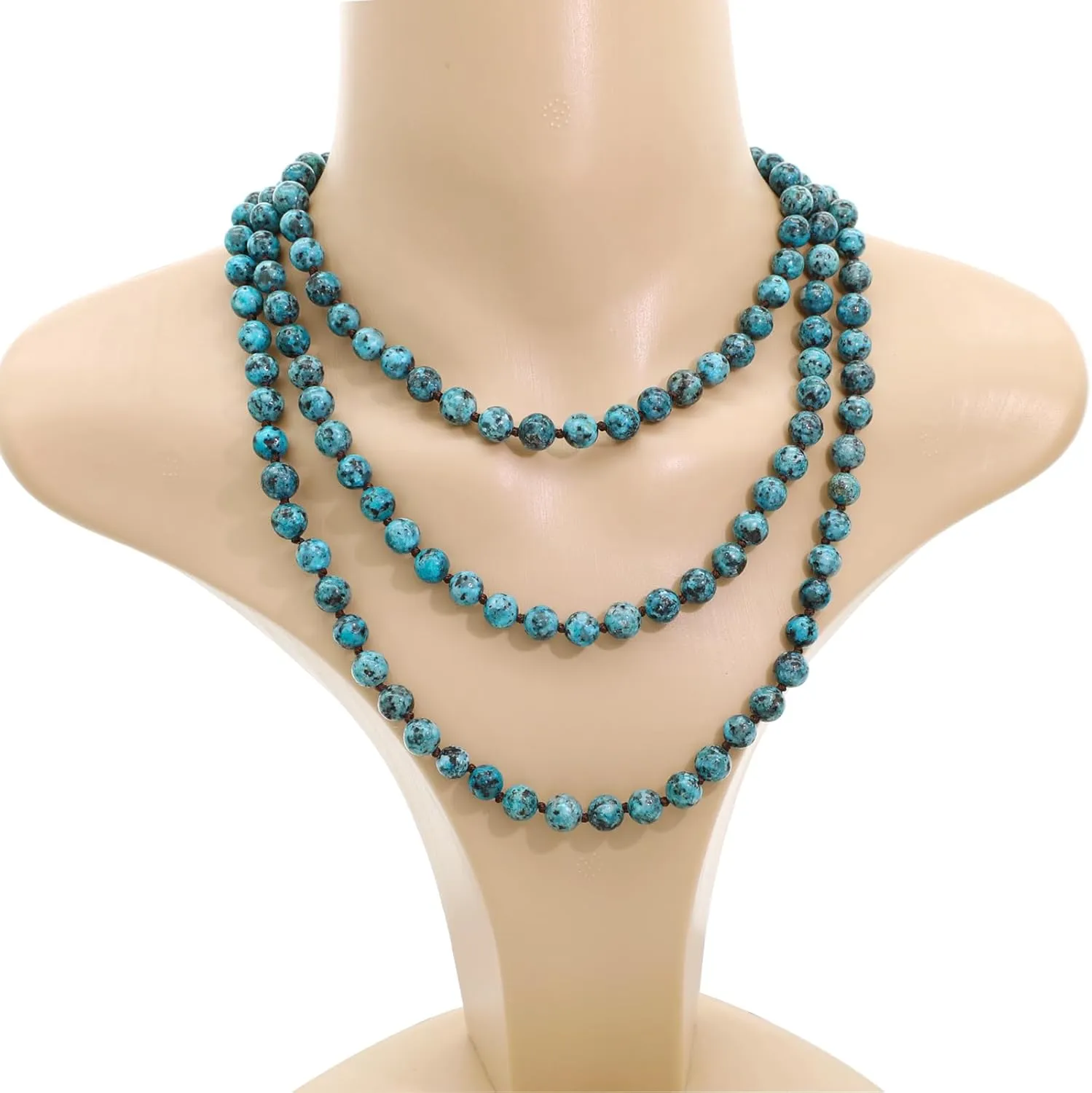 JNF Long Natural Stone necklace Semi-Precious Beaded Necklace for Women Men Handmade Multi Layer Versatile Long Wrap Strands Necklace