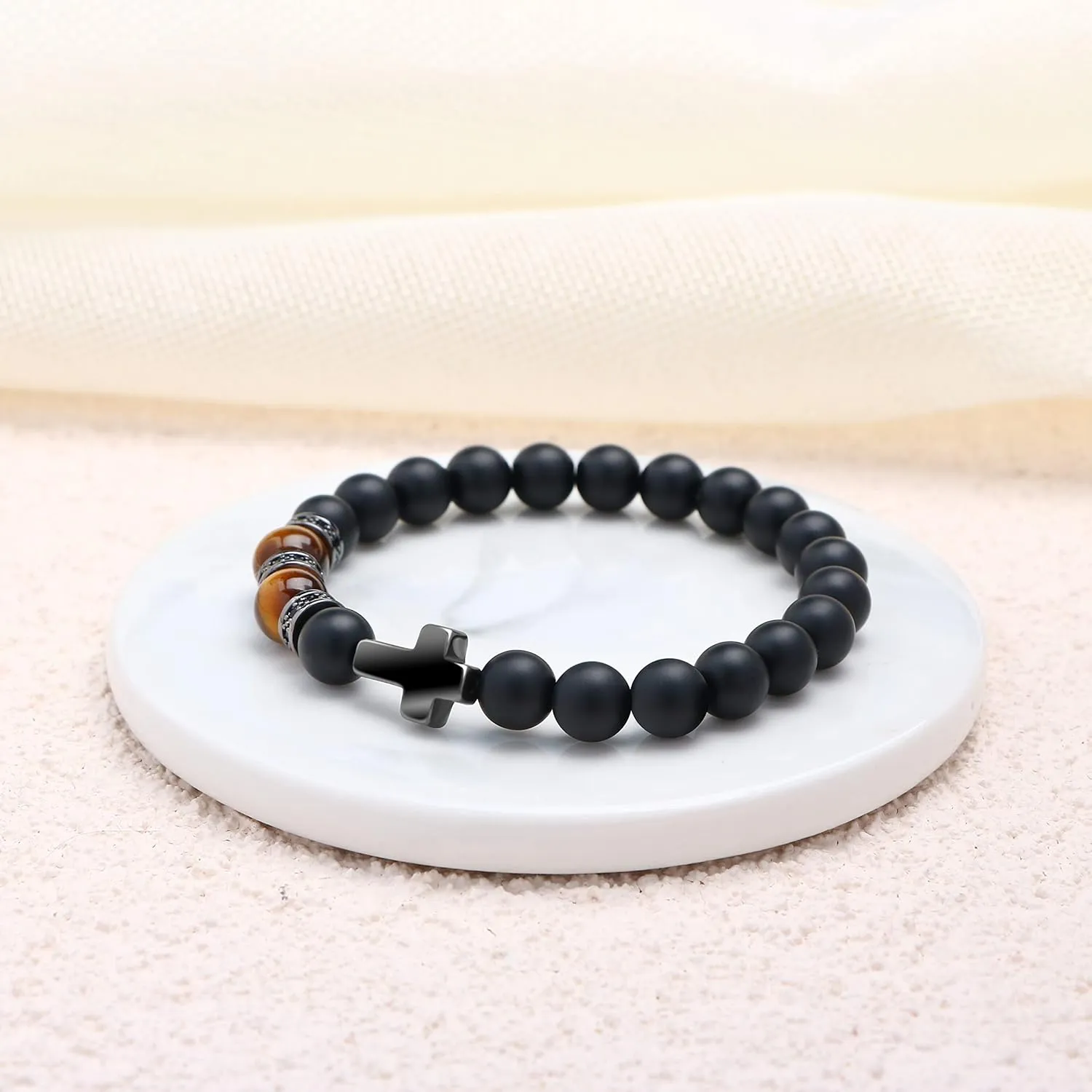 JoycuFF Christian Bracelets - Natural Stone Cross Bracelet for Men & Teens - Baptism, Easter, Confirmation, Anniversary, Father's Day & Christmas Gifts