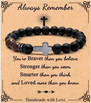JoycuFF Christian Bracelets - Natural Stone Cross Bracelet for Men & Teens - Baptism, Easter, Confirmation, Anniversary, Father's Day & Christmas Gifts