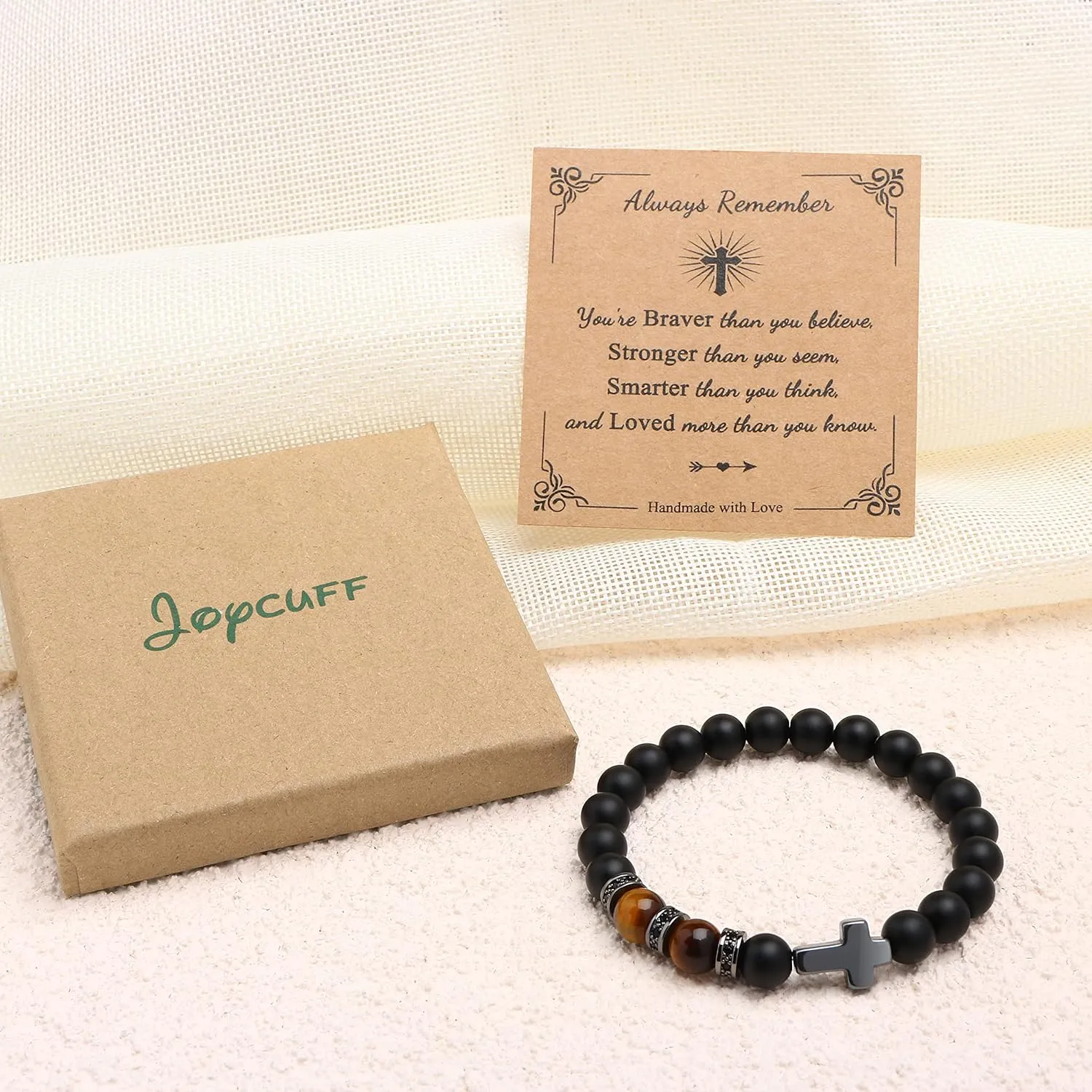 JoycuFF Christian Bracelets - Natural Stone Cross Bracelet for Men & Teens - Baptism, Easter, Confirmation, Anniversary, Father's Day & Christmas Gifts