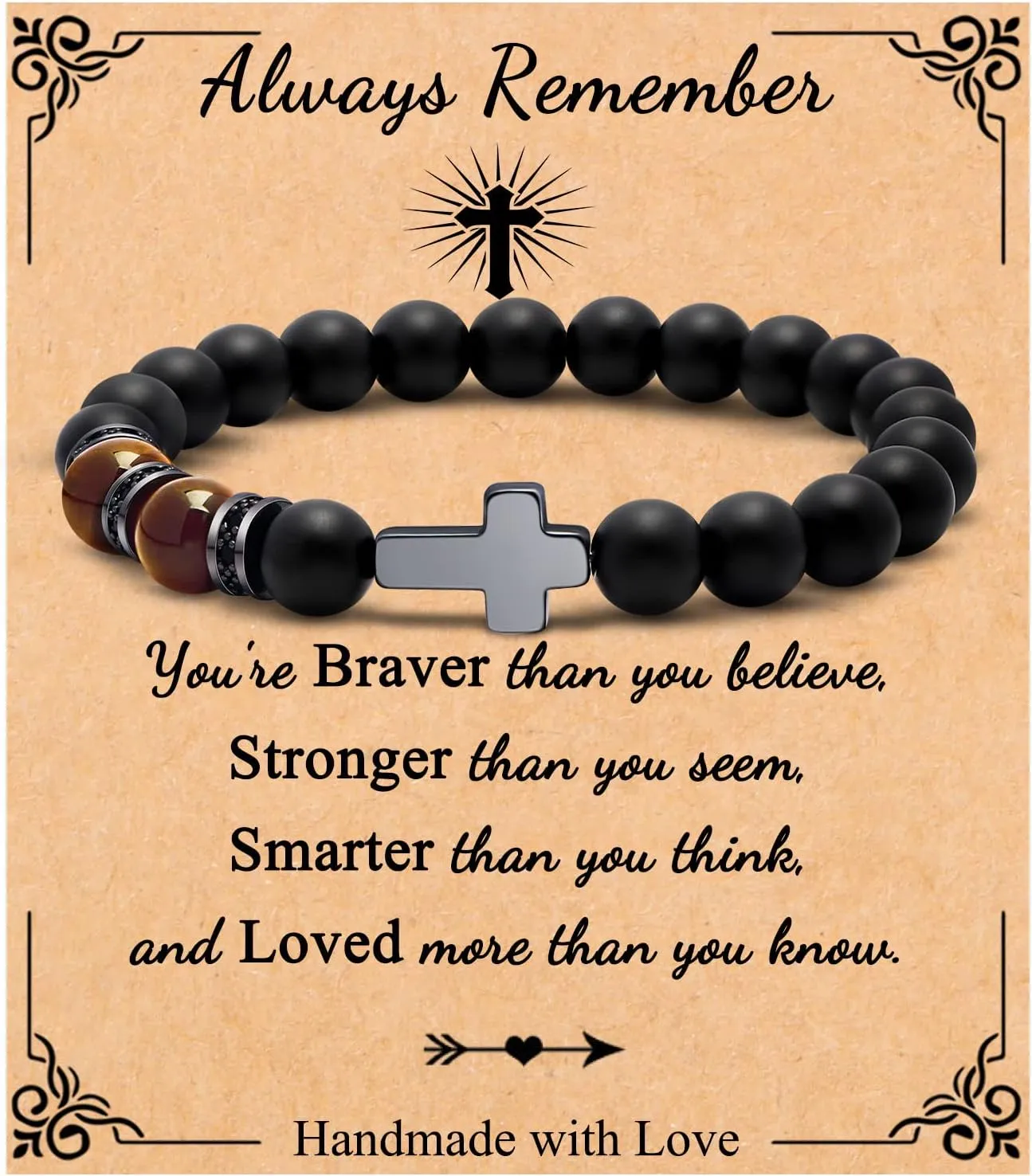 JoycuFF Christian Bracelets - Natural Stone Cross Bracelet for Men & Teens - Baptism, Easter, Confirmation, Anniversary, Father's Day & Christmas Gifts