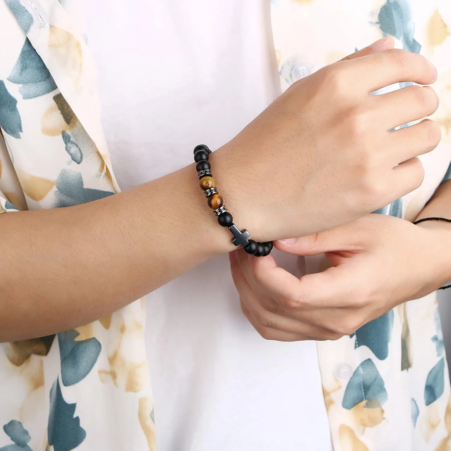 JoycuFF Christian Bracelets - Natural Stone Cross Bracelet for Men & Teens - Baptism, Easter, Confirmation, Anniversary, Father's Day & Christmas Gifts
