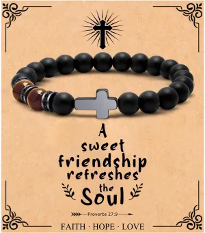 JoycuFF Christian Bracelets - Natural Stone Cross Bracelet for Men & Teens - Baptism, Easter, Confirmation, Anniversary, Father's Day & Christmas Gifts