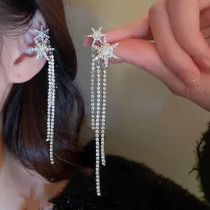 Jumwrit Zirconia Earrings Dangle Shiny Long Tassel Rhinestone Chain Earrings Non Piercing C Shape Starburst Ear Cuff Earrings Sparkle Full Rhinestone Bar Disco Earrings Jewelry for Women Girls(Style1)