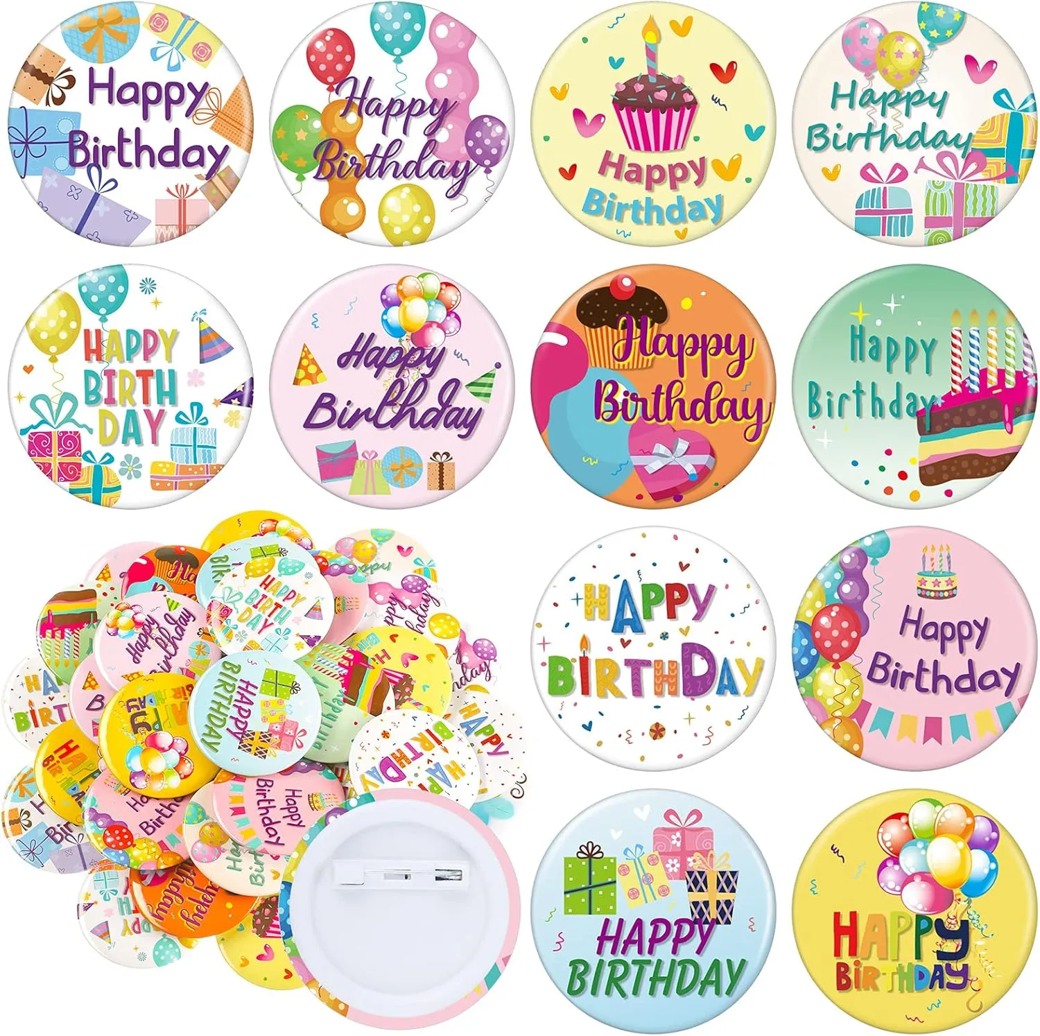 Jutom 48 Pieces Happy Birthday Pin for Kids Birthday Buttons Colorful Pin Boys and Girls Teens Adults Back Party Supplies, 12 Styles, 1.5 Inches