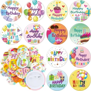 Jutom 48 Pieces Happy Birthday Pin for Kids Birthday Buttons Colorful Pin Boys and Girls Teens Adults Back Party Supplies, 12 Styles, 1.5 Inches