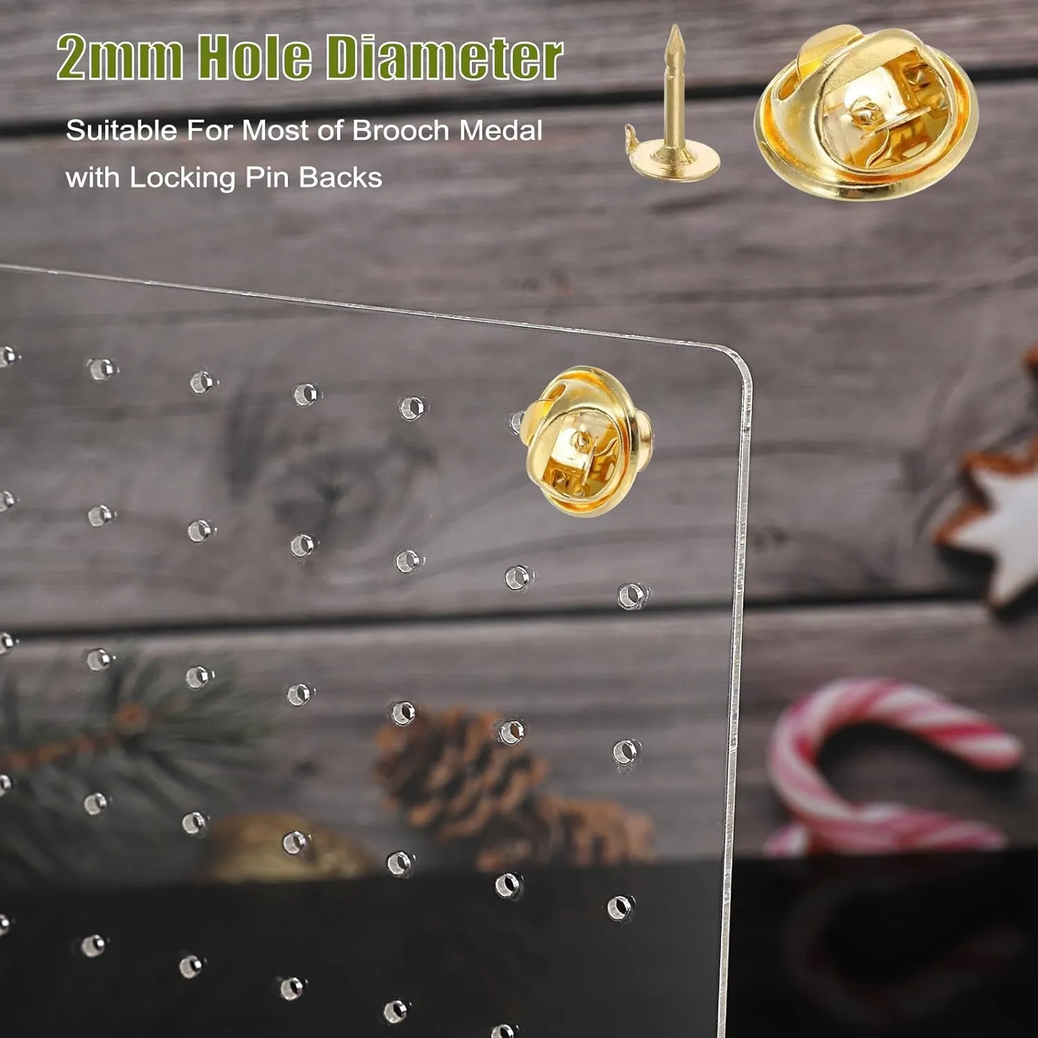 JUXYES Pack of 2 Clear Acrylic Enamel Pin Display Stand with Wooden Base. Tabletop Pin Organizer Display Storage Stand. Hold Up To 132 Pins