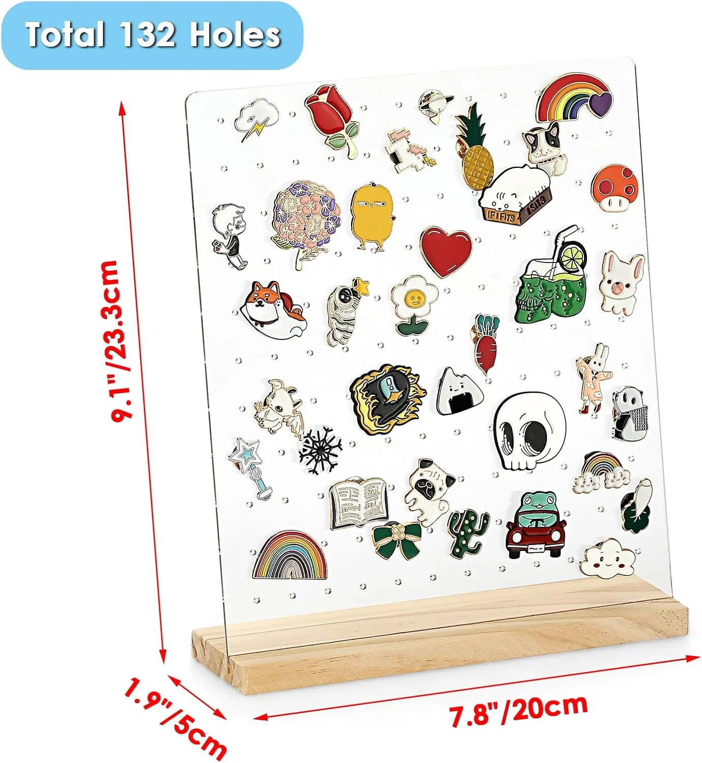 JUXYES Pack of 2 Clear Acrylic Enamel Pin Display Stand with Wooden Base. Tabletop Pin Organizer Display Storage Stand. Hold Up To 132 Pins