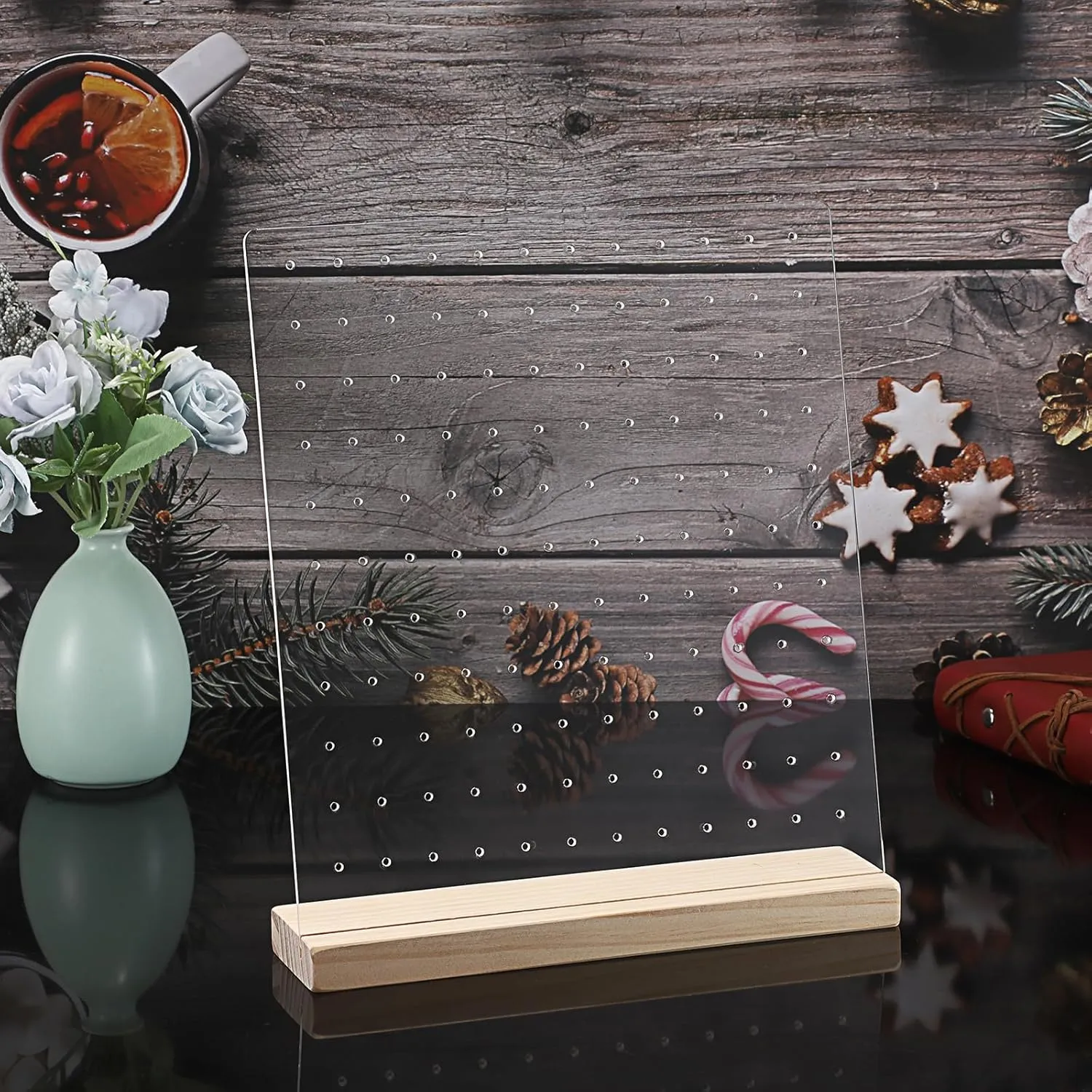 JUXYES Pack of 2 Clear Acrylic Enamel Pin Display Stand with Wooden Base. Tabletop Pin Organizer Display Storage Stand. Hold Up To 132 Pins