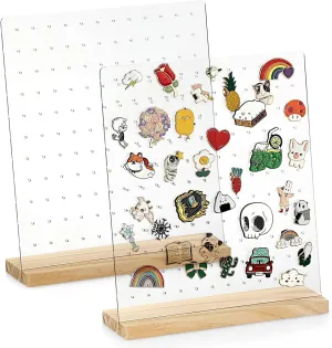 JUXYES Pack of 2 Clear Acrylic Enamel Pin Display Stand with Wooden Base. Tabletop Pin Organizer Display Storage Stand. Hold Up To 132 Pins
