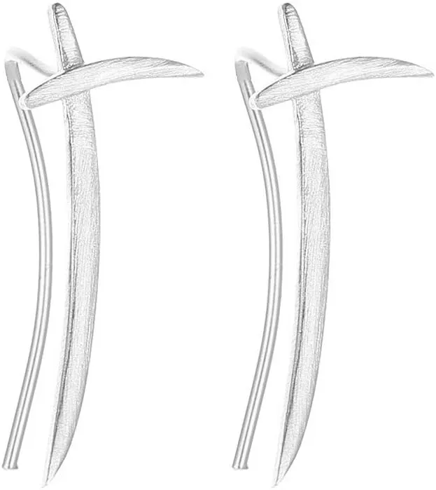 Katana Knift Simple Ear Climber Crawler Moon Cuffs Wrap Earrings for Women Girls Men 925 Sterling Silver Minimalist Long Wave Curved Bar Studs Pierced Geometric Post Vine Pin Personalized Hoops Jewely