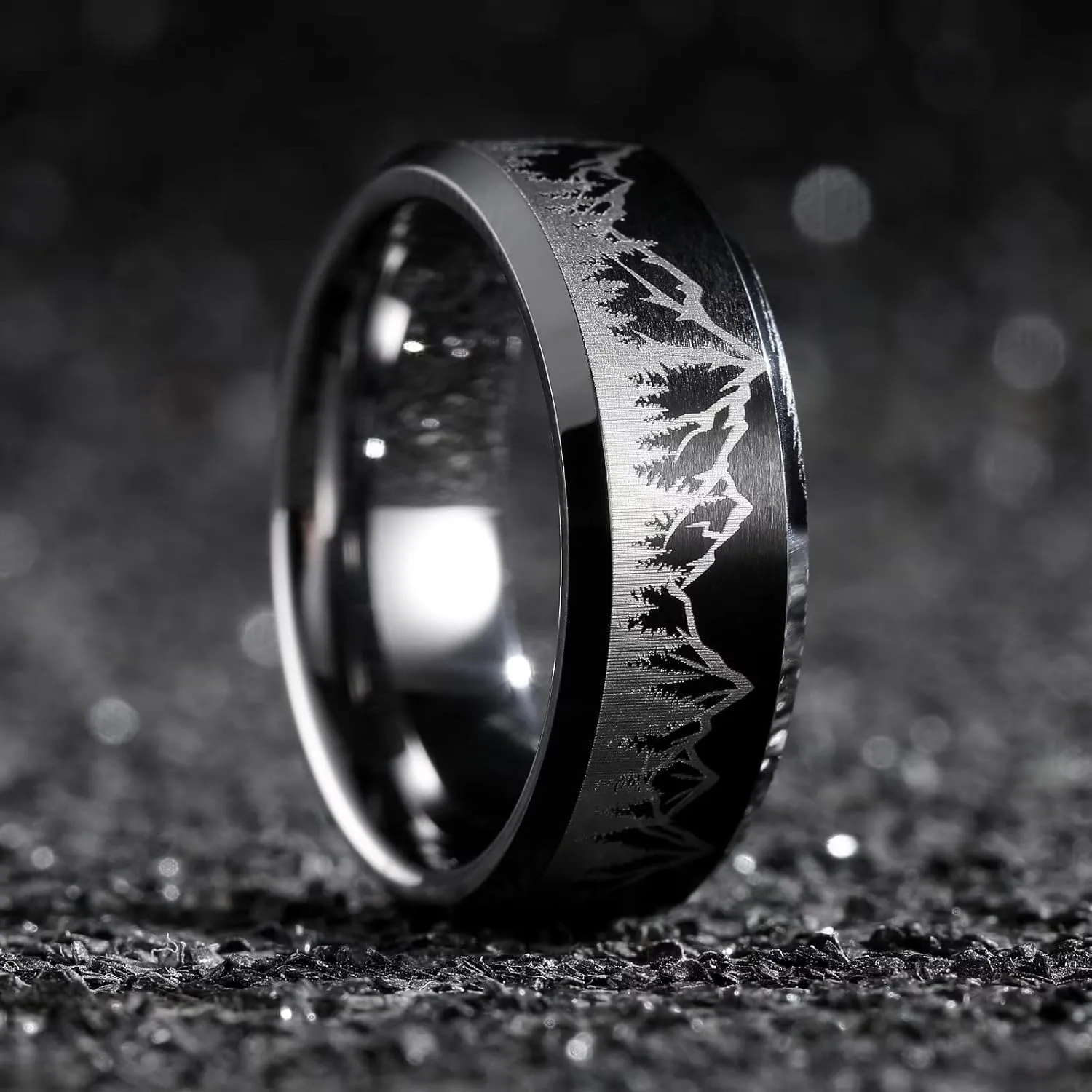 King Will Mens 6mm 8mm Black Silver Tungsten Carbide Wedding Bands Inlay Lasered Seagull/Forest Landscap/Panda/Deer/Hunting/Fly Fishing Brushed Wedding Rings for Men Women
