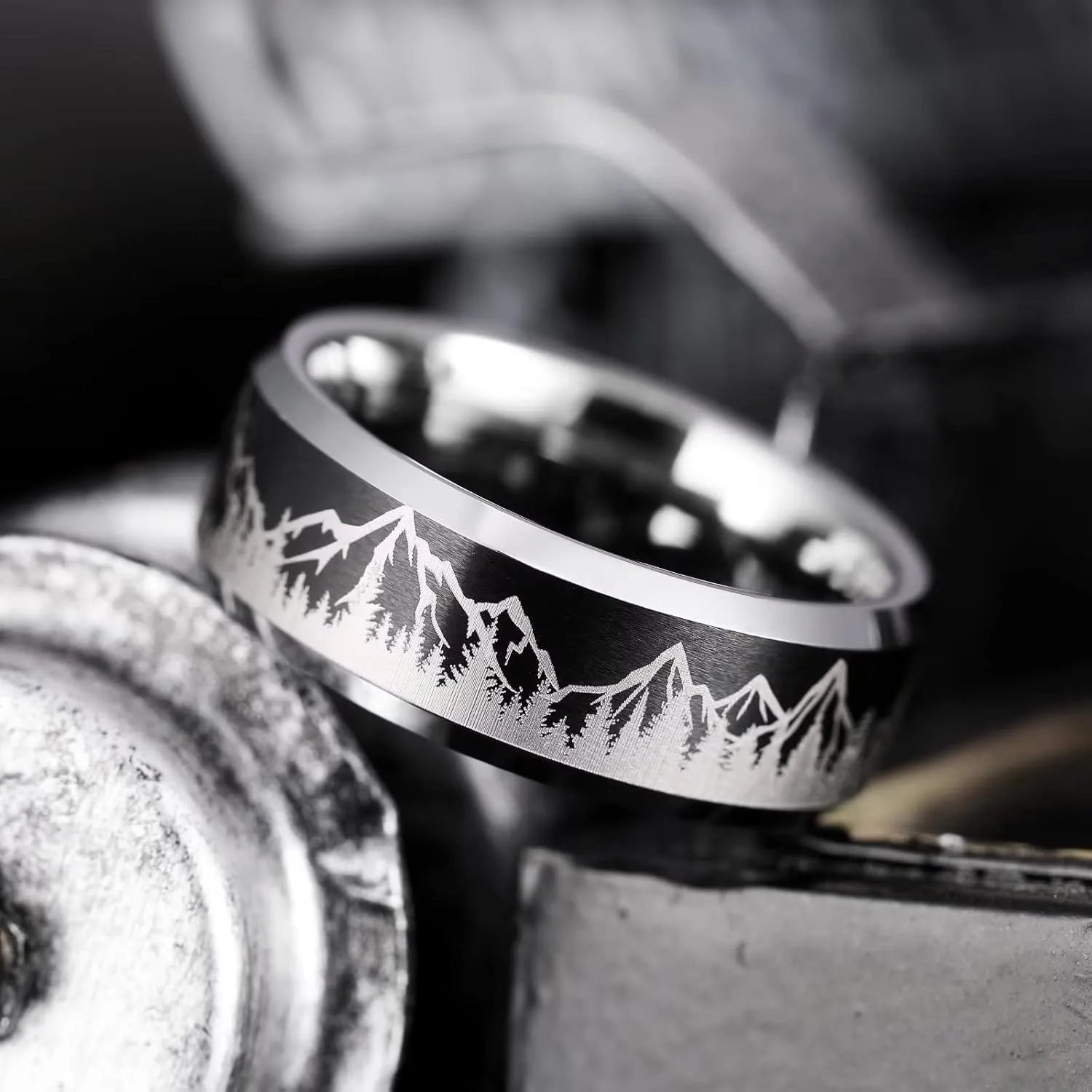 King Will Mens 6mm 8mm Black Silver Tungsten Carbide Wedding Bands Inlay Lasered Seagull/Forest Landscap/Panda/Deer/Hunting/Fly Fishing Brushed Wedding Rings for Men Women