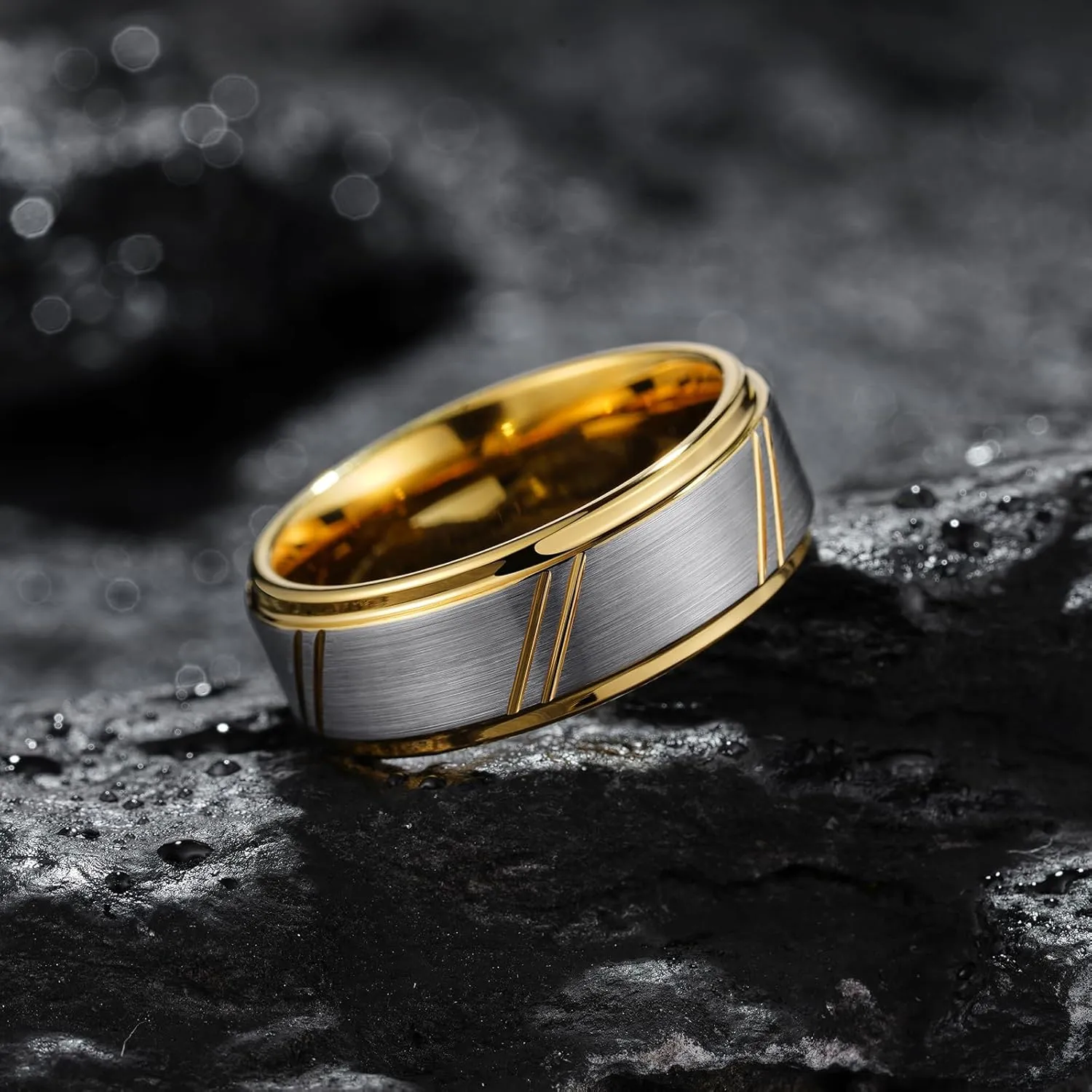 King Will Men's Tungsten Carbide Wedding Band, 7mm 8mm Men Wedding Ring Dual Tone Brushed/High Polished with Unique Grooves Laser - Comfort Fit Size 7-14