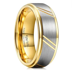 King Will Men's Tungsten Carbide Wedding Band, 7mm 8mm Men Wedding Ring Dual Tone Brushed/High Polished with Unique Grooves Laser - Comfort Fit Size 7-14