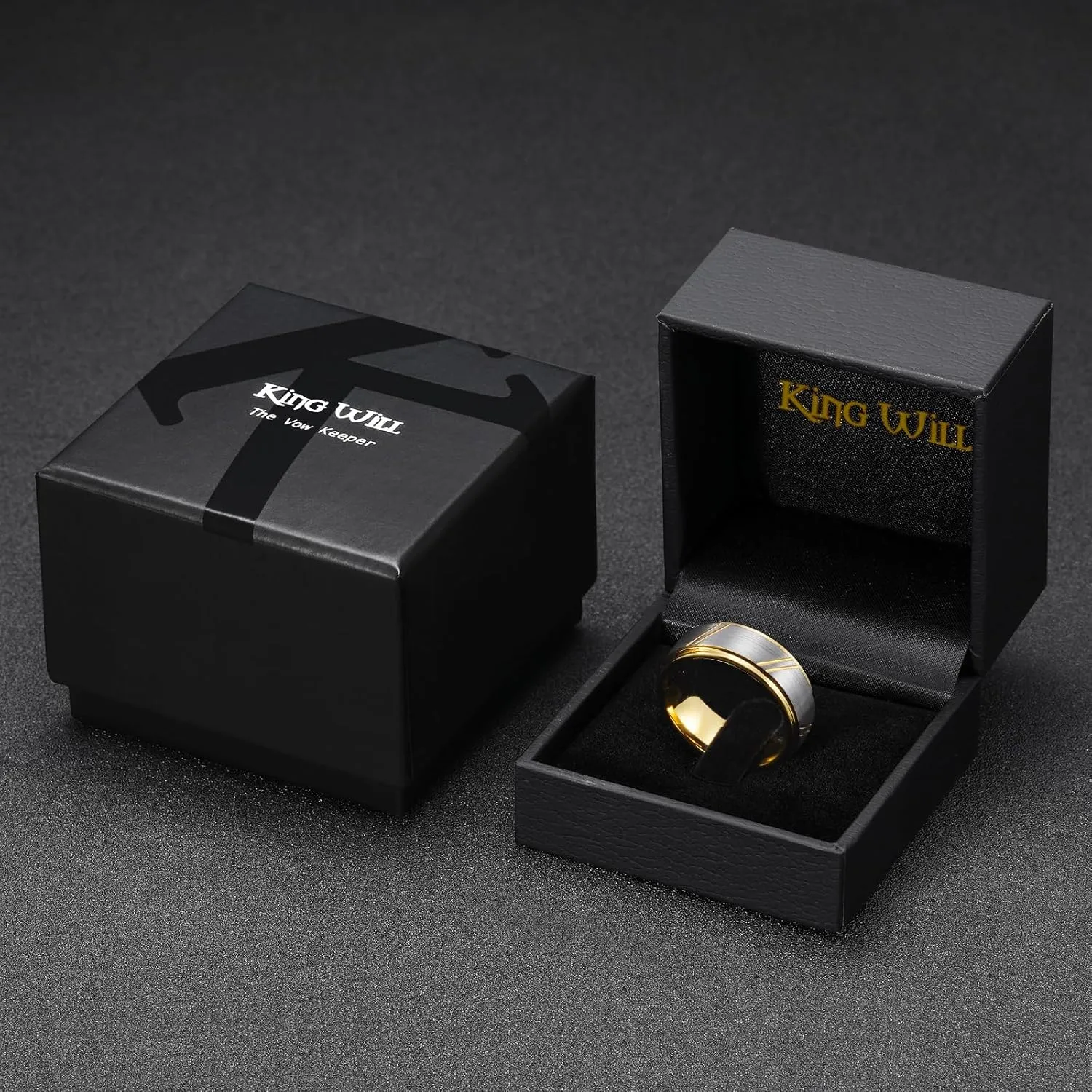 King Will Men's Tungsten Carbide Wedding Band, 7mm 8mm Men Wedding Ring Dual Tone Brushed/High Polished with Unique Grooves Laser - Comfort Fit Size 7-14