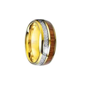 Koa Wood Rings for Men Wedding Band Meteorite Ring Tungsten 14K Gold Ring with Wooden Inlay Tropical 8mm Unique Space Rock Yellow Gold Gifts for Him Cosmic Couples Rings