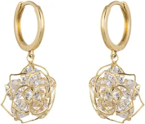 Kokoma Elegant Camellia Flower Dangle Hoop Earrings for Women Shiny Crystal Diamond Bloom Floral Huggie Hoops Wedding Earrings Chic Jewelry Gift