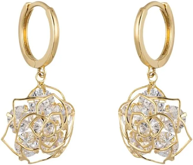 Kokoma Elegant Camellia Flower Dangle Hoop Earrings for Women Shiny Crystal Diamond Bloom Floral Huggie Hoops Wedding Earrings Chic Jewelry Gift