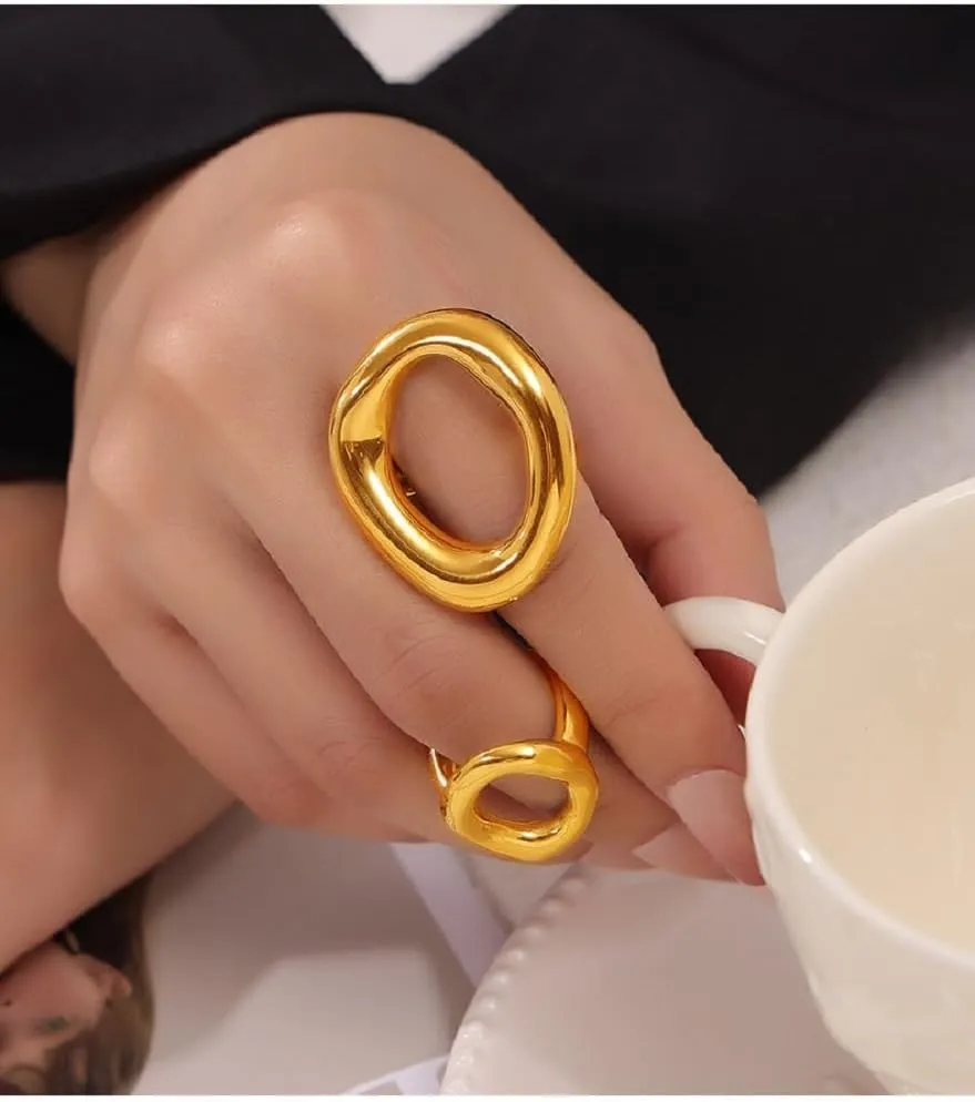 Kokoma Hollow Oval Shaped Chunky Statement Ring for Women Stainless Steel Irregular Thick Chunky Gold Finger Band Stackable Rings Geometric Ring Minimalist Jewelry