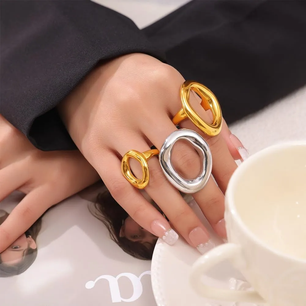 Kokoma Hollow Oval Shaped Chunky Statement Ring for Women Stainless Steel Irregular Thick Chunky Gold Finger Band Stackable Rings Geometric Ring Minimalist Jewelry