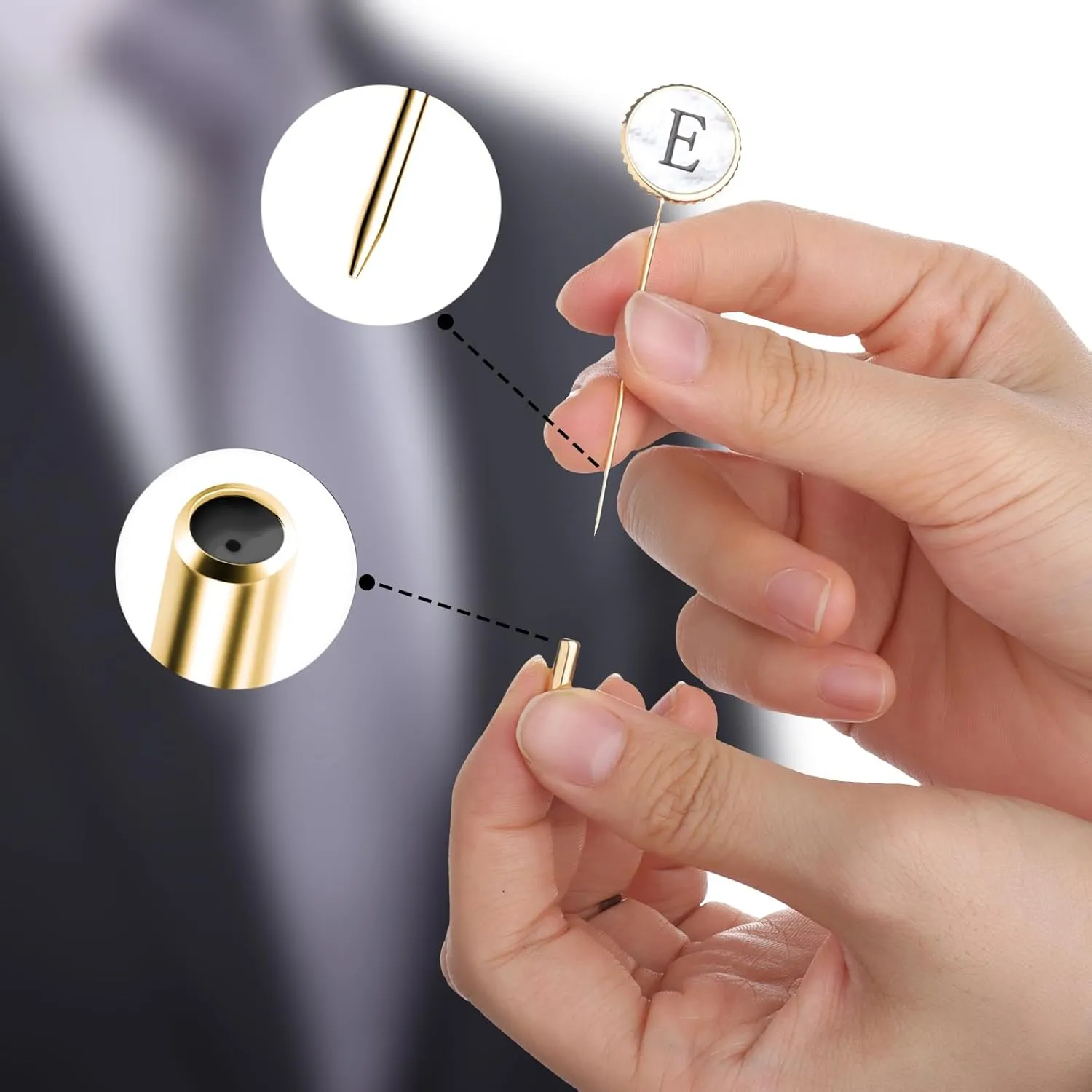 Lapel Pin for Men Gold, Mens Lapel Pins for Suits Initial Brooch Pin Mother of Pearl Lapel Stick Pin for Necktie Bow Tie Hat