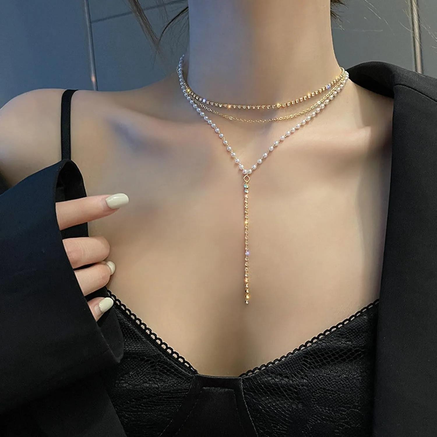 Layer Y Shaped Pearl Necklace For Women 14k Gold Plated Dainty Simple Pearl Choker Necklace for Girls Trendy Jewelry Gifts