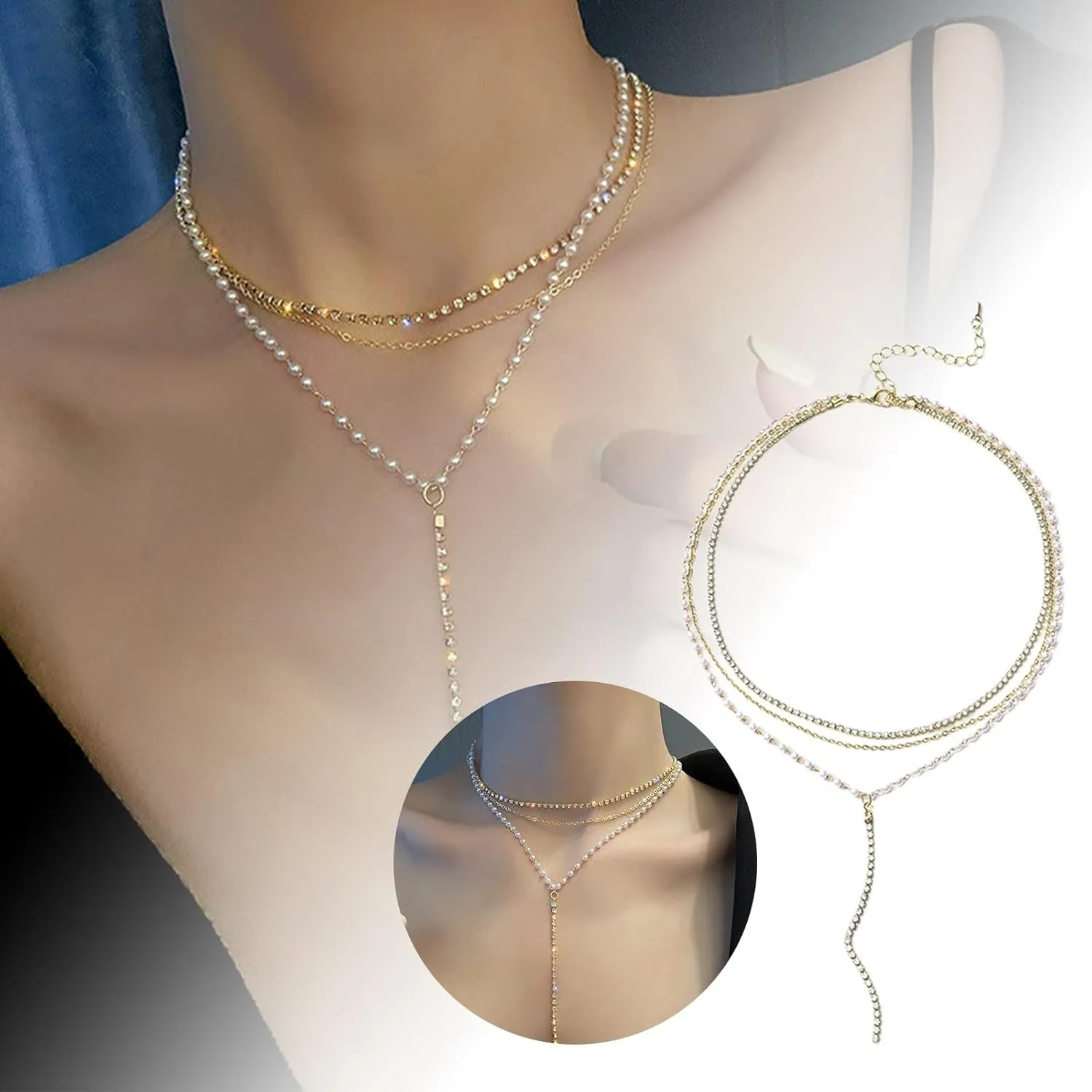 Layer Y Shaped Pearl Necklace For Women 14k Gold Plated Dainty Simple Pearl Choker Necklace for Girls Trendy Jewelry Gifts