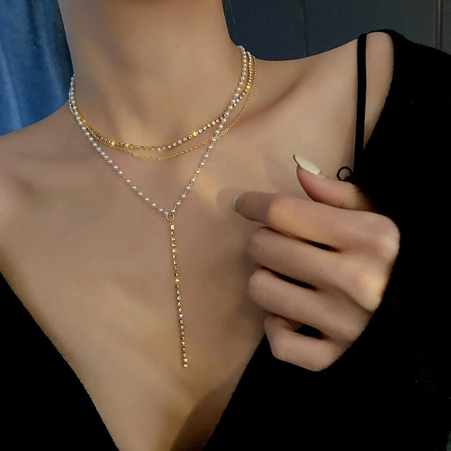 Layer Y Shaped Pearl Necklace For Women 14k Gold Plated Dainty Simple Pearl Choker Necklace for Girls Trendy Jewelry Gifts