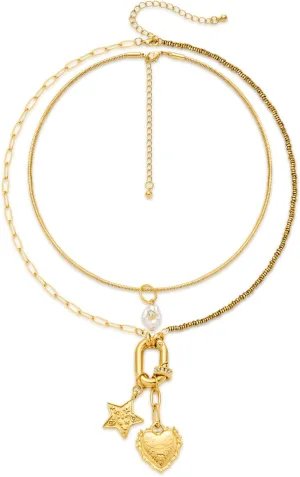 Layered Necklaces for Women, 2 Piece Necklace with Adjustable Lengths Heart Pentagram Pendants Jewelry Gifts