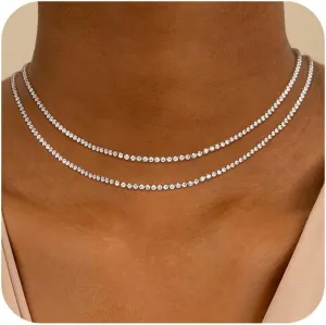 Layered Tennis Necklace for Women,Silver Rhinestone Double Choker Necklace for Women Crystal CZ Silver Chain Necklace Wedding Dainty Jewelry Gifts