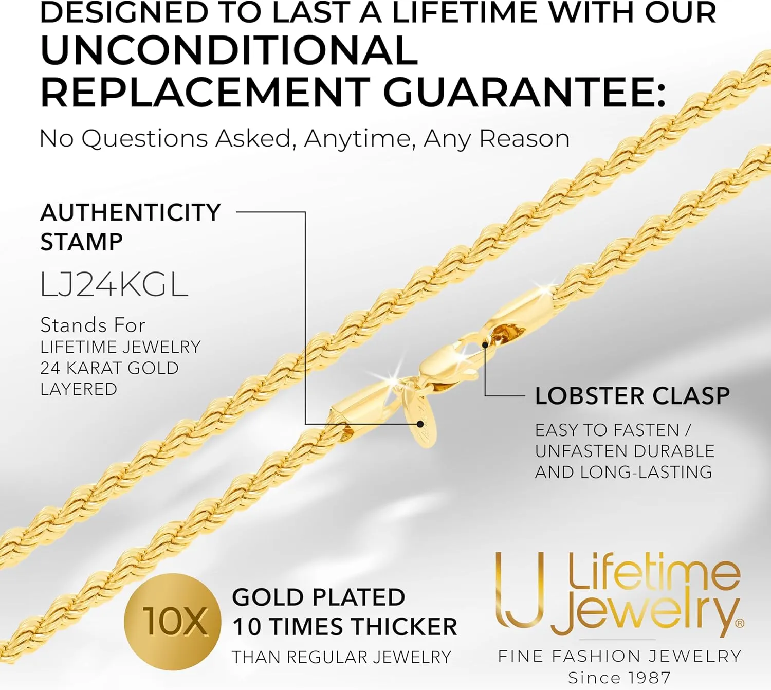 LIFETIME JEWELRY 5mm White Gold Chain for Men & Women 24k Real Gold Plated Diamond Cut Gold Rope Chain for Men & Gold Chain Necklace Women 16 to 36 Inch