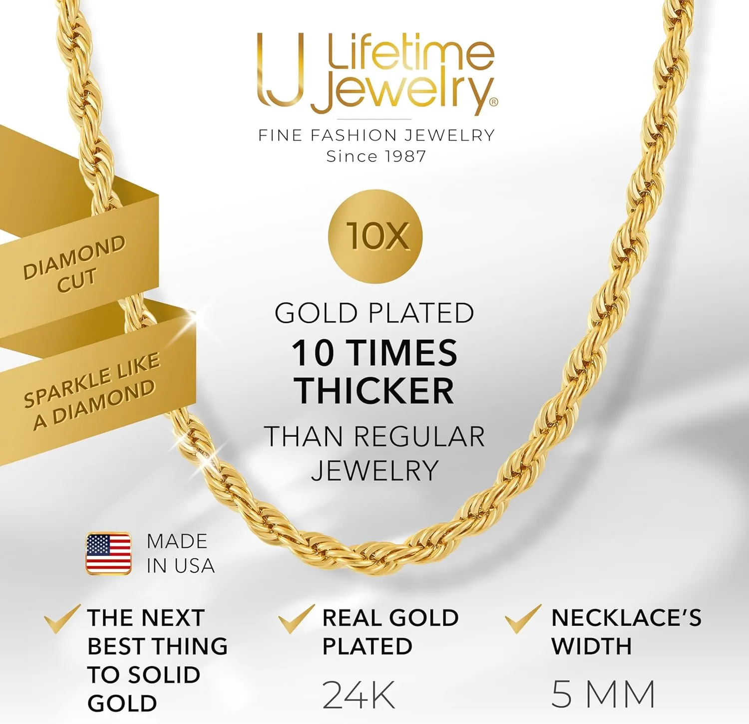 LIFETIME JEWELRY 5mm White Gold Chain for Men & Women 24k Real Gold Plated Diamond Cut Gold Rope Chain for Men & Gold Chain Necklace Women 16 to 36 Inch