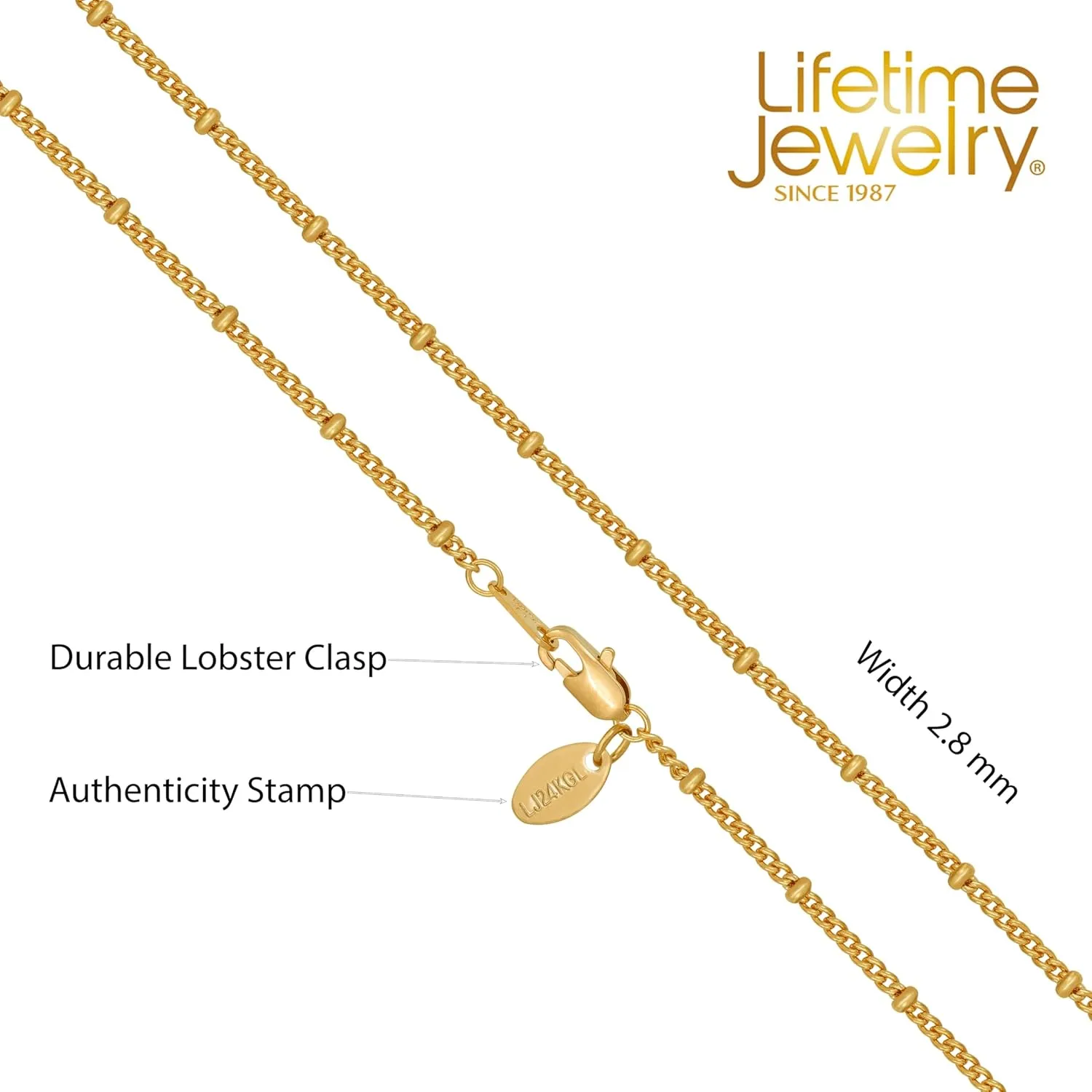 LIFETIME JEWELRY Tiny Curb Link Gold Necklace for Women with Divider Balls 24k Real Gold Plated Necklace