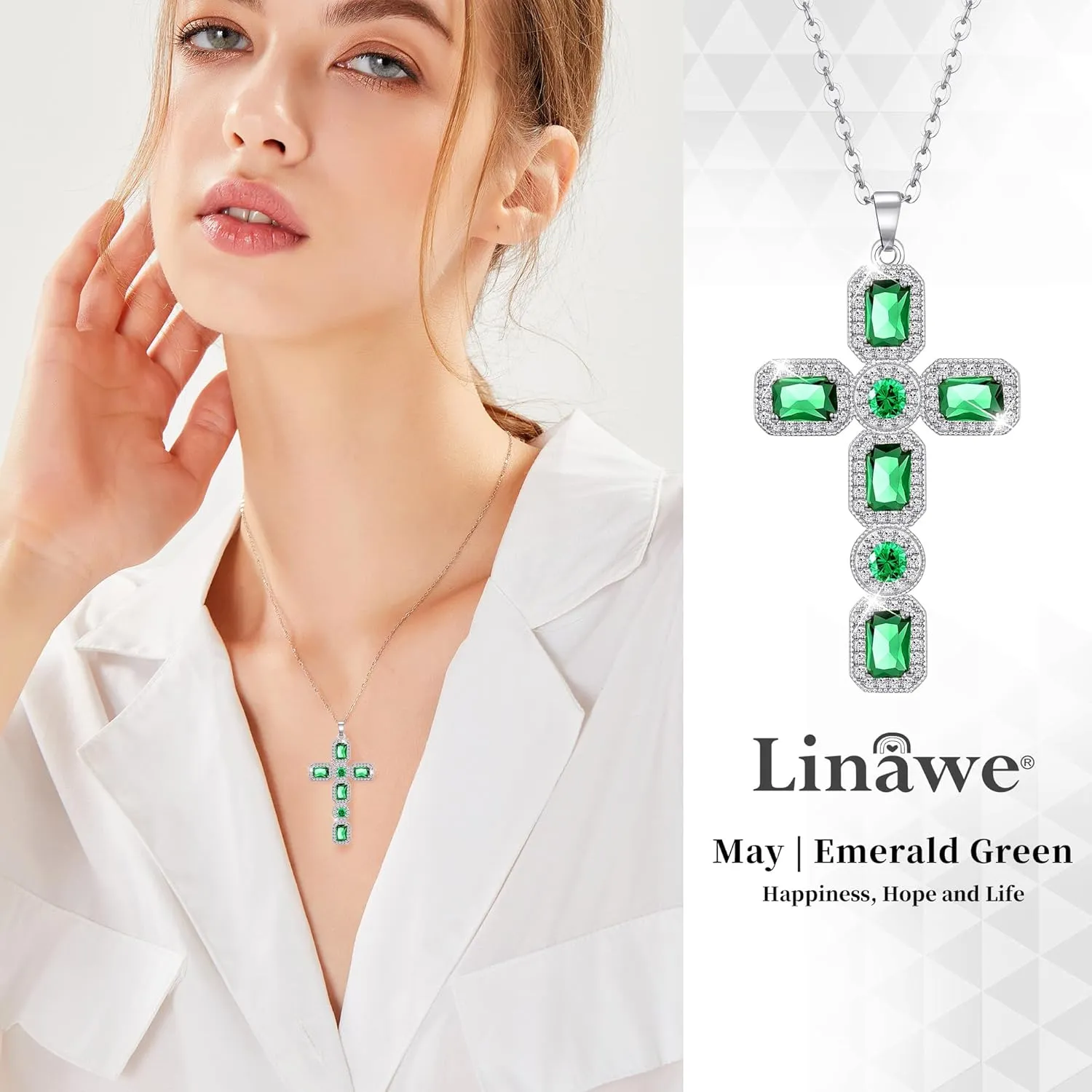 Linawe Cross Necklace for Women, Gold/Silver Jewelry Cross Charm Chain Necklaces, Moissanite Crystal Birthstone Cubic Zirconia Rhinestone Necklace, Religious Gifts