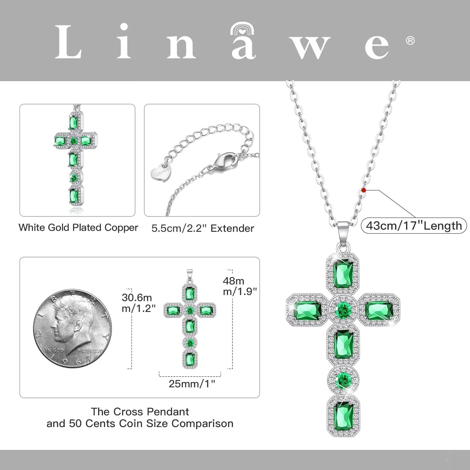 Linawe Cross Necklace for Women, Gold/Silver Jewelry Cross Charm Chain Necklaces, Moissanite Crystal Birthstone Cubic Zirconia Rhinestone Necklace, Religious Gifts