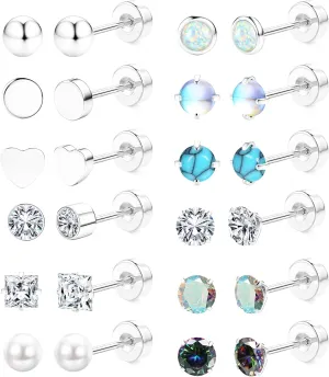 LOLIAS Hypoallergenic Surgical Steel Earrings for Sensitive Ears - Flat Back Stud Earrings 20G Cartilage Earrings Opal CZ Pearl Small Sleep Nap Earrings