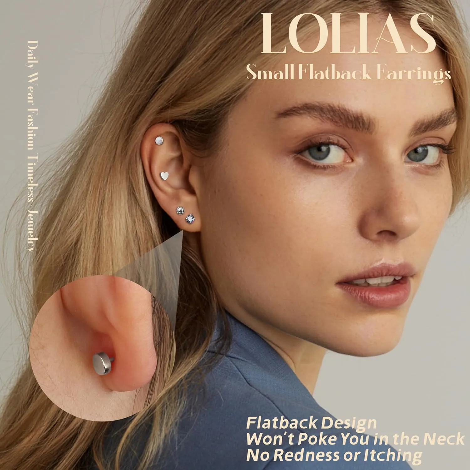LOLIAS Hypoallergenic Surgical Steel Earrings for Sensitive Ears - Flat Back Stud Earrings 20G Cartilage Earrings Opal CZ Pearl Small Sleep Nap Earrings