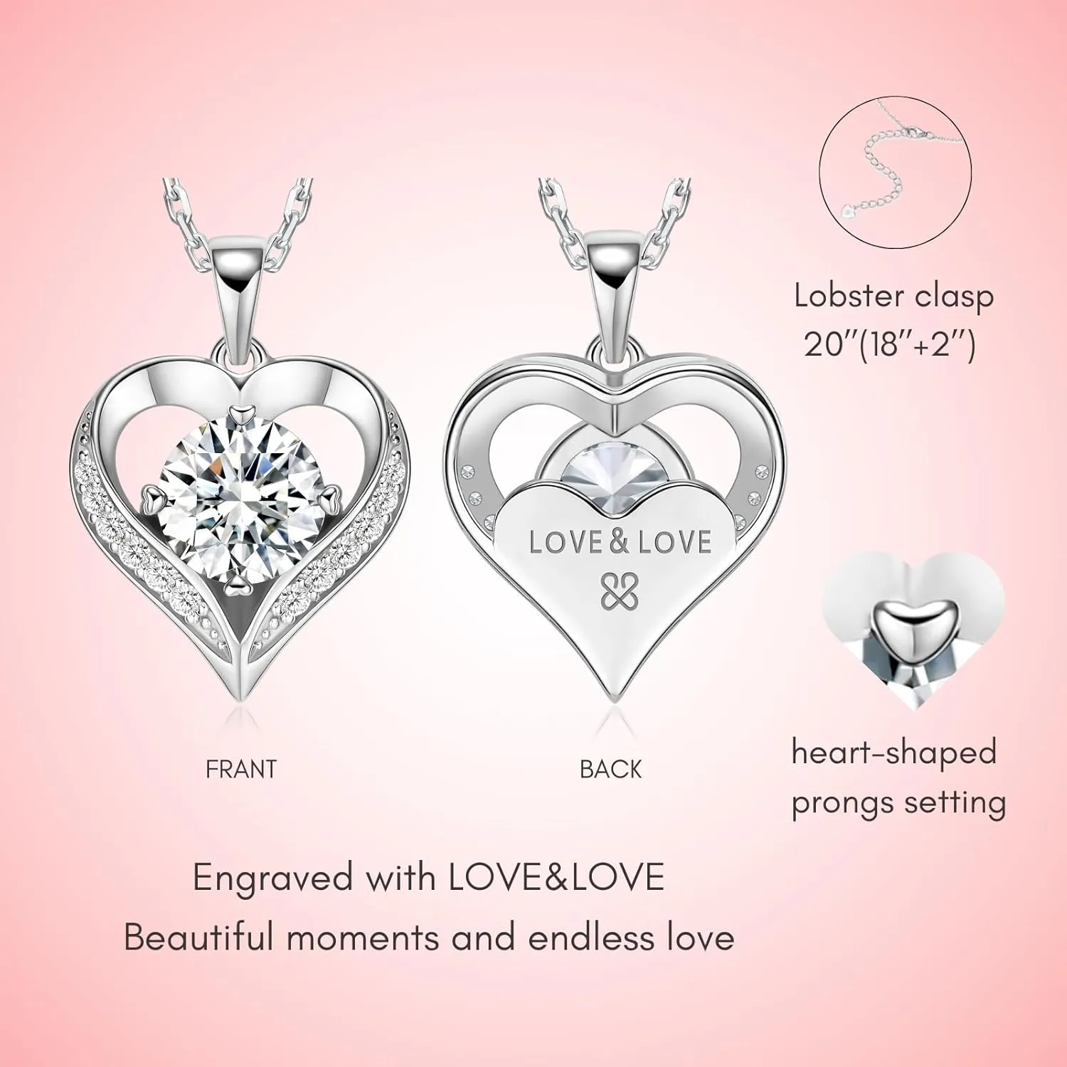 LOVE&LOVE Moissanite Necklaces for Women,1CT/2CT Moissanite Heart Necklace, Christian Cross Necklace for Women Men,18K White Gold Plated Sterling Silver,Jewelry Gift for Her Birthday Anniversary