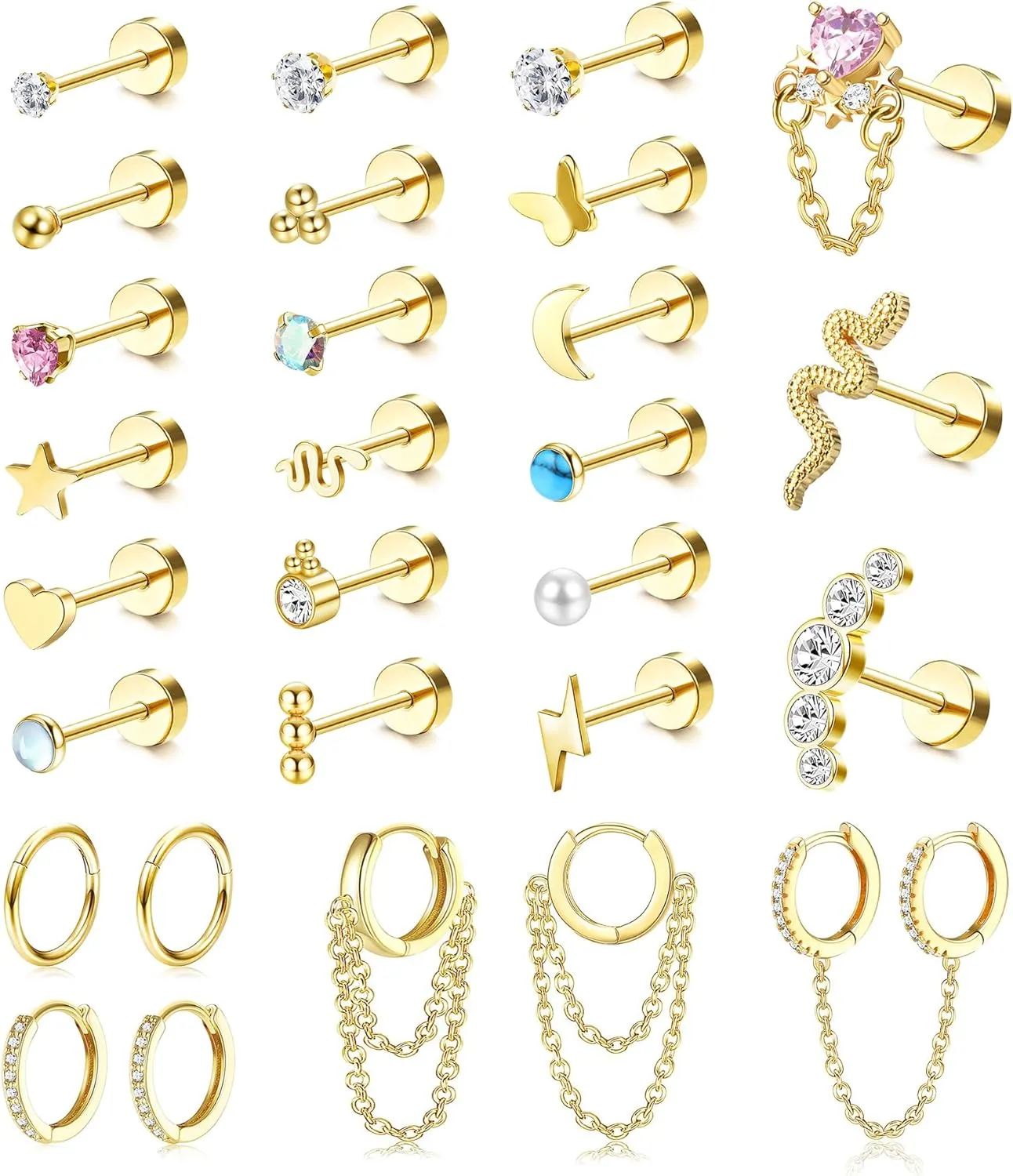 LOYALLOOK 28Pcs 14K Gold Plated Cartilage Stud Earrings and Hoops Set Stainless Steel Conch Helix Tragus Flatback Stud Earrings Dangle Chain Huggie Hoop Earrings Set for Multiple Piercing