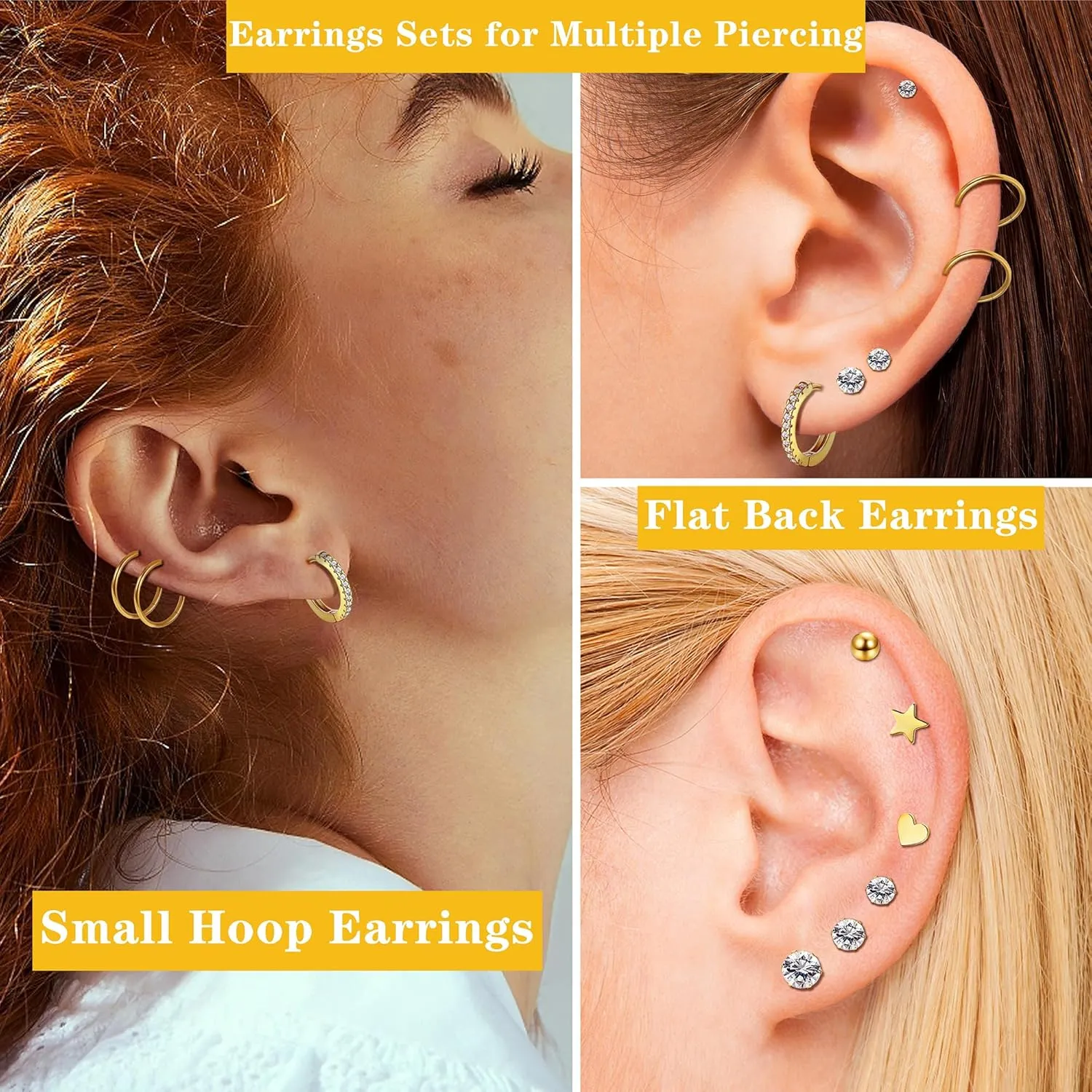 LOYALLOOK 28Pcs 14K Gold Plated Cartilage Stud Earrings and Hoops Set Stainless Steel Conch Helix Tragus Flatback Stud Earrings Dangle Chain Huggie Hoop Earrings Set for Multiple Piercing