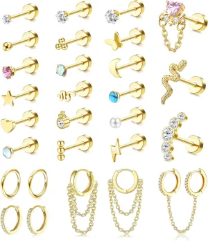 LOYALLOOK 28Pcs 14K Gold Plated Cartilage Stud Earrings and Hoops Set Stainless Steel Conch Helix Tragus Flatback Stud Earrings Dangle Chain Huggie Hoop Earrings Set for Multiple Piercing
