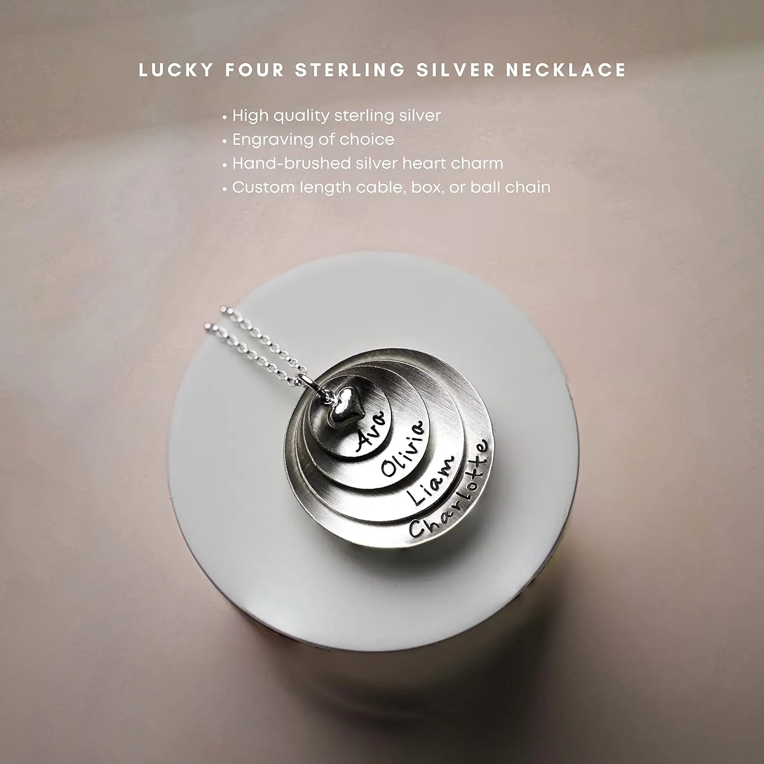 Lucky Four Personalized Sterling Silver Name Necklace. Customize with 4 names. Matte or Hammered Finish. Choice of Sterling Silver Chain. Gifts for Her, Mom, Wife, Girlfriend, Grandmother