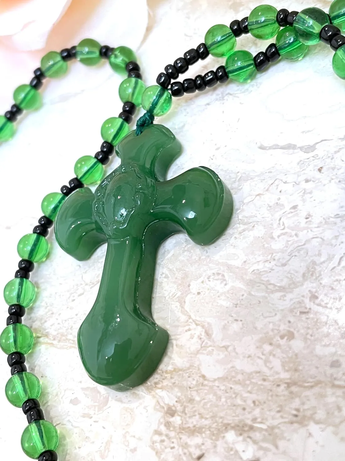 Luxurious Natural Gemstone Rosary Necklace Prayer Beads HANDMADE Christian Gifts for Graduation Cross Protection for Car Christianity Religious Jewelry Jesus Christ Gem Cross 2.1"