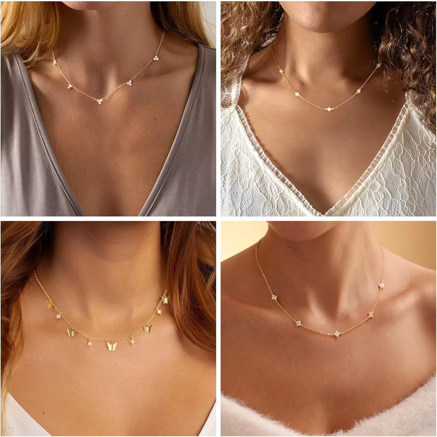 M MOOHAM Gold Clover Heart Pearl Butterfly Star flower Choker Necklace for Women - Dainty 14K Gold Plated Cubic Zirconia Cute Station Necklaces for Women Trendy Prom Jewelry Gifts