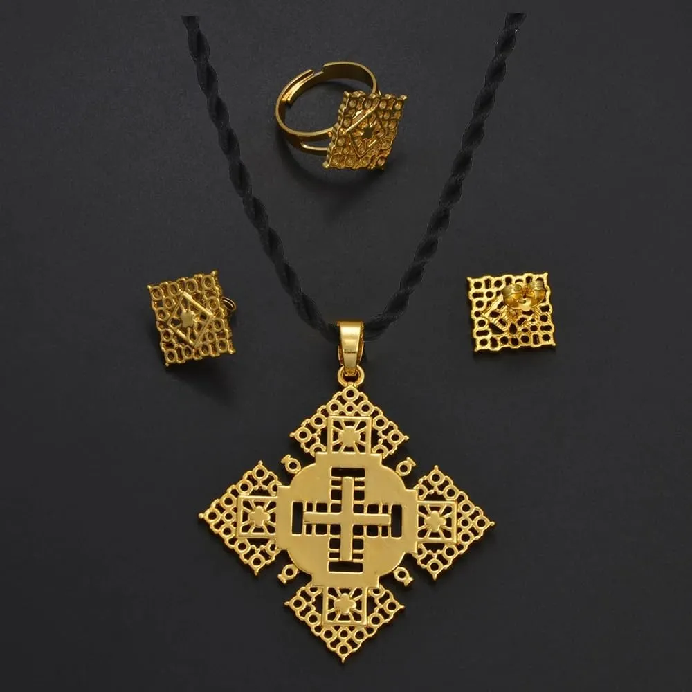 Mai & Claire 14K Gold Filled Ethiopian Cross Jewelry For Women - African Cross Pendant Necklaces Earrings Ring Traditional Religious Ornaments For Ethiopian Eritrean Israel Nigeria