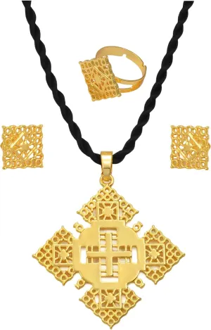 Mai & Claire 14K Gold Filled Ethiopian Cross Jewelry For Women - African Cross Pendant Necklaces Earrings Ring Traditional Religious Ornaments For Ethiopian Eritrean Israel Nigeria