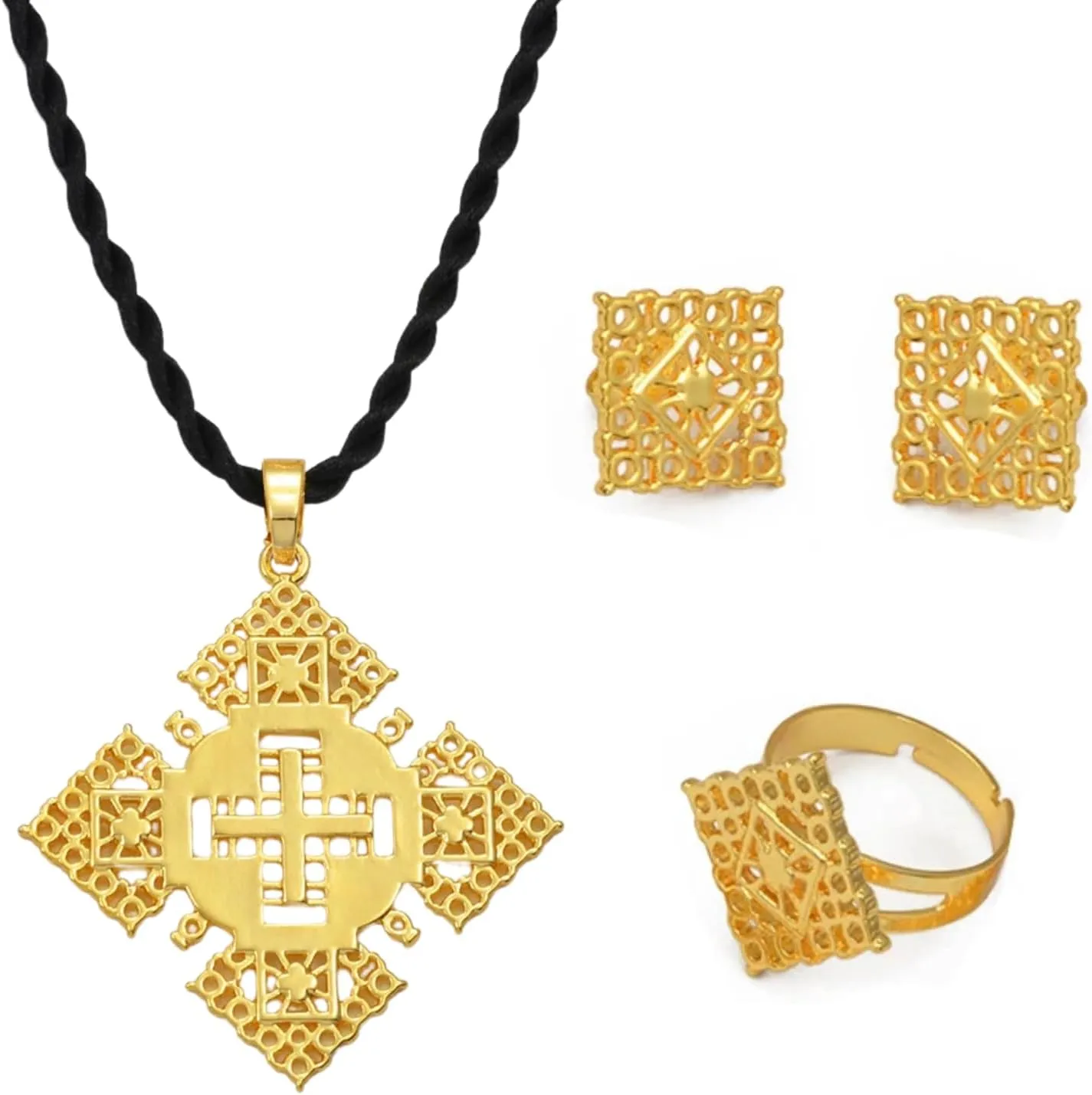 Mai & Claire 14K Gold Filled Ethiopian Cross Jewelry For Women - African Cross Pendant Necklaces Earrings Ring Traditional Religious Ornaments For Ethiopian Eritrean Israel Nigeria