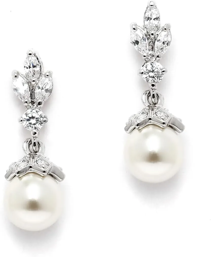 Mariell Pearl Drop Wedding Earrings, 8MM Ivory Shell Pearls, Cubic Zirconia Crystal and Pearl Earrings for Brides, Bridesmaid, Prom and Mother of the Bride