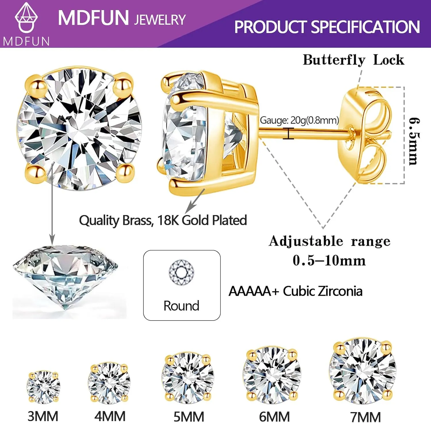 MDFUN 5 Pairs Stud Earrings Sets 3-7MM 18K Gold Plated Round/Cushion/Asscher/Emerald Cut Cubic Zirconia Earring Hypoallergenic Stud Earrings for Women Men